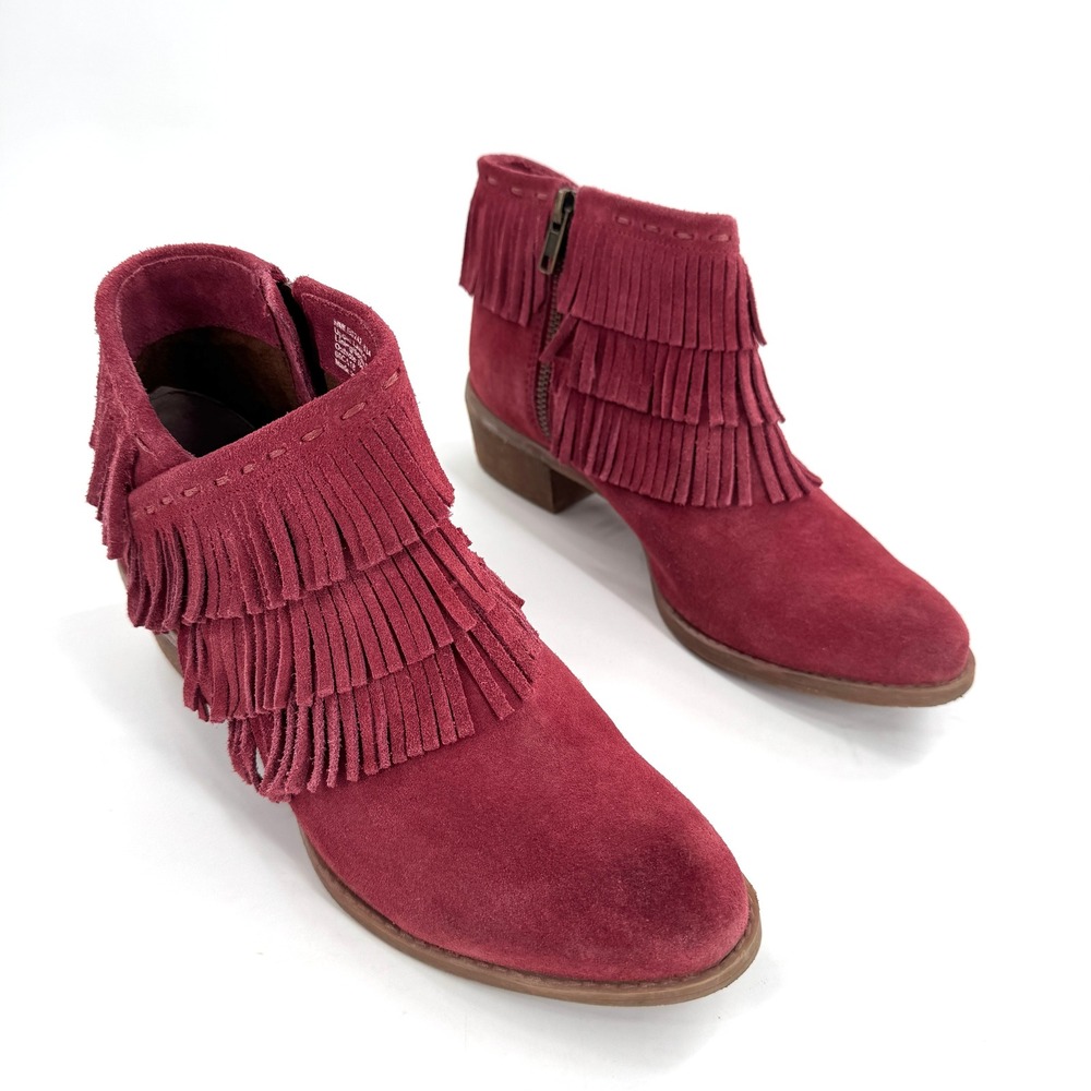Naughty Monkey Fringe Ankle Boots Red Suede Side Zip Block Heel Women Size 9
